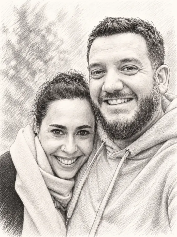 Portrait dessiné d'Adrien et Olivia, les fondateurs de Mon Lopin, souriants côte à côte