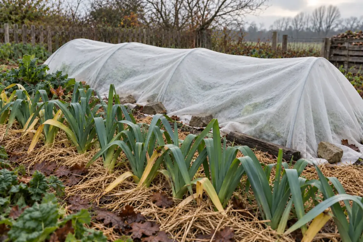 Rang de poireaux paillé devant un tunnel couvert d'un voile d'hivernage blanc, au potager en hiver