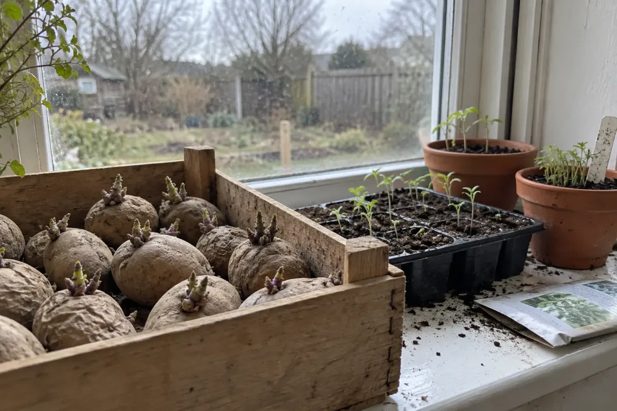 Pommes de terre hâtives mises à germer dans une cagette et premiers semis au chaud sur un rebord de fenêtre en février