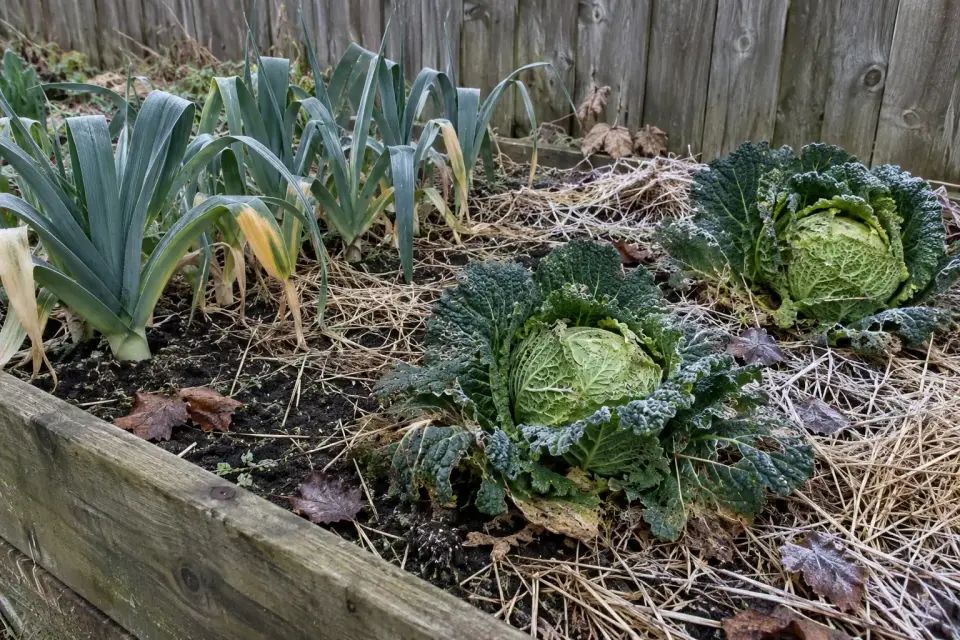 Carré potager en janvier : poireaux et choux de Milan paillés, sous la lumière froide de l'hiver